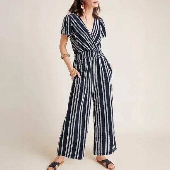 Anthropologie Dolan Navy Striped Wide Leg Jumpsuit Size M - Picture 1 of 8